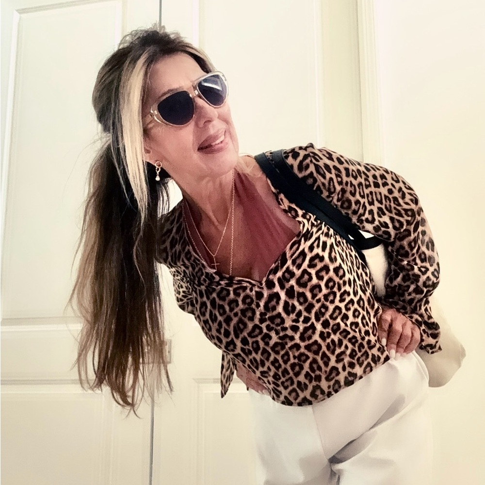 Leopard Print Blouse with White Pants